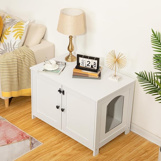HOOBRO Litter Box Enclosure, Cat Litter Box Furniture with Removable Divider, Large Hidden Litter Box Furniture, Wooden Cat House, End Side Table, 31" L x 17.5" W x 19.7" H, White WT03MW01G2