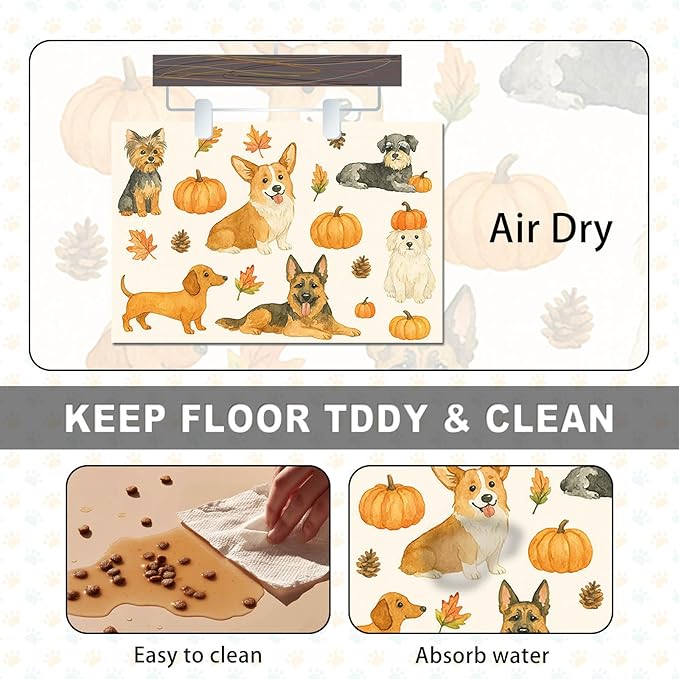 Fall Dog Pet Feeding Mat Autumn Pumpkin Design Food Mat for Dogs and Cats Non Slip Pet Bowl Mat with Cute Puppy Pattern Seasonal Mat for Cat Food and Water Bowls Home Kitchen 24" x 16"