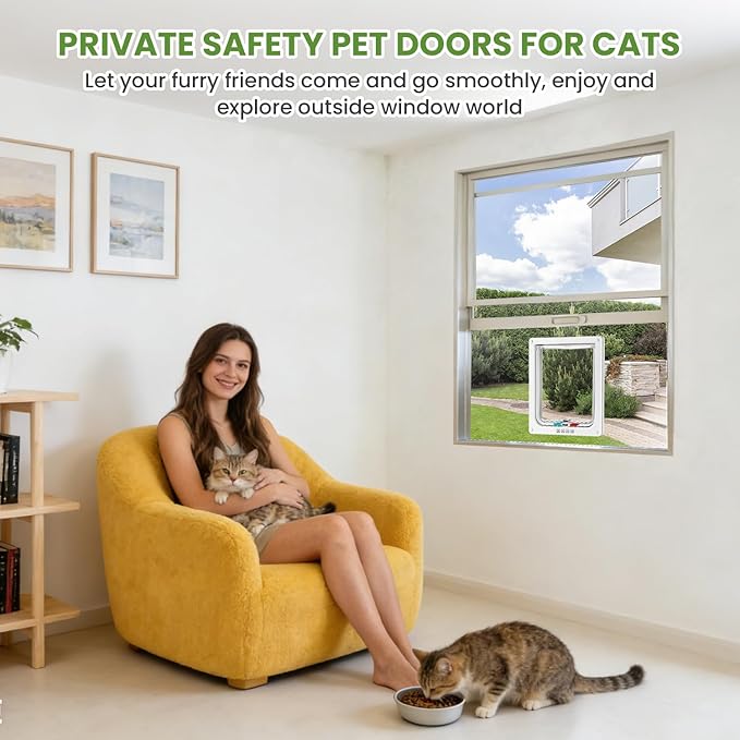 Cat Door for Window, 4 Locking Modes for Safety Cat Window Door, Fits 14"-24" Width Window, Durable Weatherproof design Cat Door, Magnetic Closure, Wider View, Pet Door With Safe & Comfortable for Cat