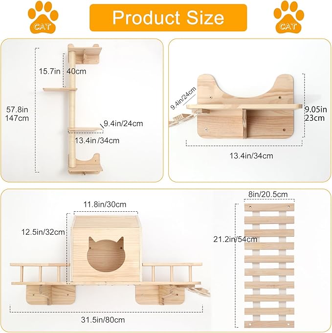 Cat Shelves for Wall – Cat Climbing Furniture Set for Large Cats with House, Bridge Ladder, 3 Scratching Posts & 5 Steps