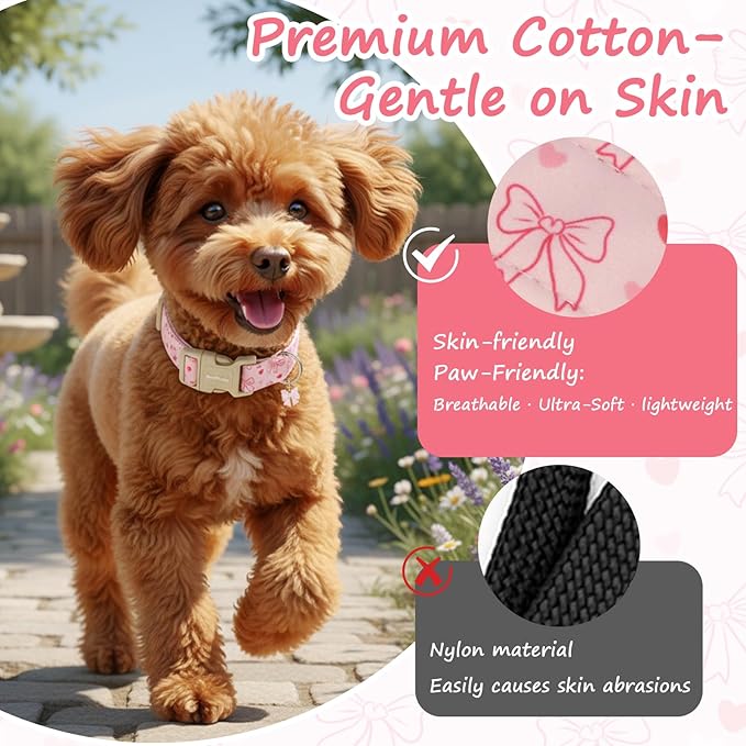 Pink Bow Dog Collar, Adjustable Cotton Dog Collar for Small Medium Large Dogs, Cute Puppy Collars for Girl Female Dogs, Ideal for Gifts,Pet Accessory,M