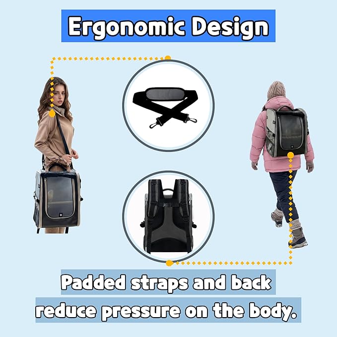 Birds Day Bird Carrier Backpack-Parrot Travel Cage with 2PCS Perch and Food Bowl, Stainless Steel Tray (Charcoal Gray)