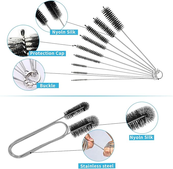 10PCS Flexible Drain Brush Straw Cleaner Brush Set,Pipe Cleaners Brush,61Inch Stainless Steel Double-Ended Hose Brush 8.2Inch Nylon Long CPAP Tube Cleaning Brush for Home Kitchen Sink Plumbing