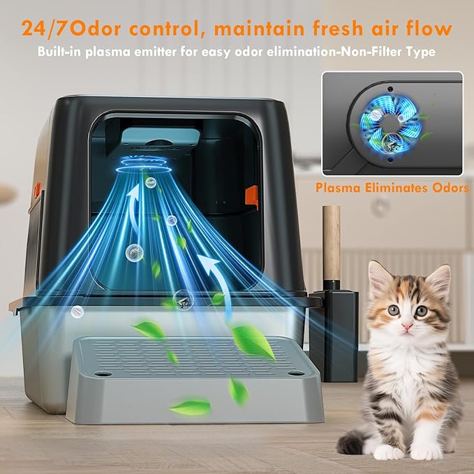 Breeze Litter Box System Stainless Steel Litter Box with Lid, 3-in-1 Design 160° Flip-Top Cat Litter Box Enclosure,Smart Air Extraction System Odor Contral, Dual Safety Infrared Sensor, Easy to Clean