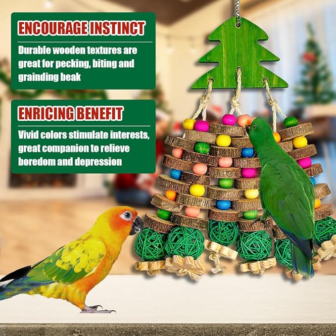 Parrot Toys, Large Bird Parrot Chewing Toys for Medium-Sized Macaws, Natural Wooden Blocks Christmas Tree Shape, African Grey Parrots, Amazon Parrots, Medium-Sized Bird