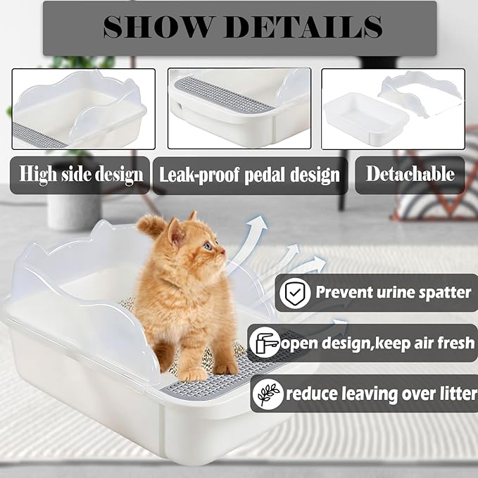 kathson Open Cat Litter Box with High Side,Anti-Splashing Cats Litter Pan,Kitten Toilet with Litter Sifting Scoop,Semi-Enclosed Removable Kittens Litter for Boxes Easy to Clean No Odor 11×17×7 inches