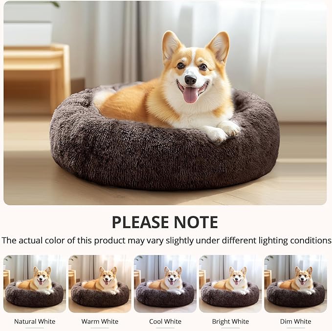 JOLLYVOGUE Calming Dog Bed Large Size Dog, Anti-Anxiety Donut Large Pet Bed, 36 inches Fluffy Faux Fur Round Cat Bed, Fits up to 75 lbs Pets