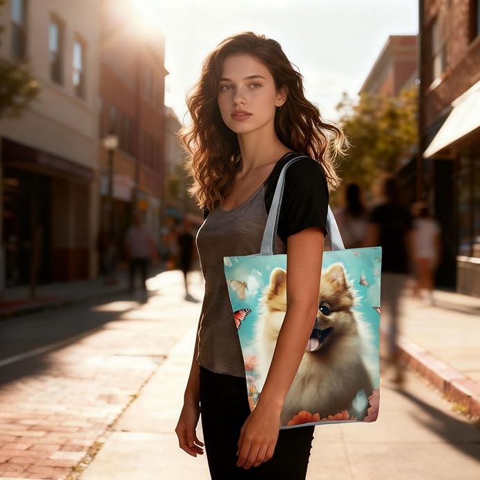 Cute Dog with Butterfly and Floral Design Tote Bag with Zipper Closure Outdoor Great for Carrying Pet Supplies Handbag Nice Birthday Holiday Gift Idea for Dog Owner Animal Lovers Shoulder Bag