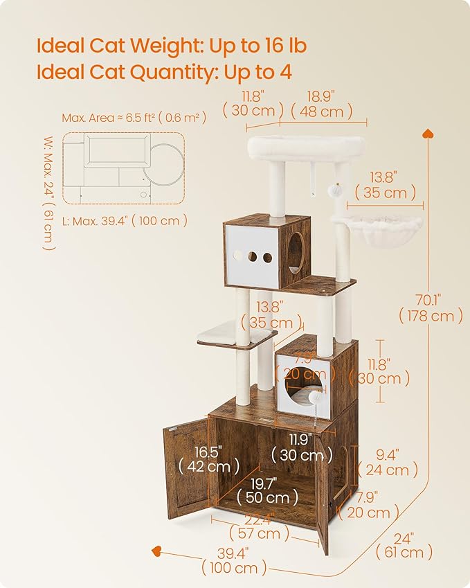 Feandrea Cat Tree with Litter Box Enclosure, 70.1-Inch Tall Cat Tower, 2-in-1 Modern Condo with Scratching Posts, Perch, Caves, Basket, Washable Cushion, Rustic Brown UPCT116X01