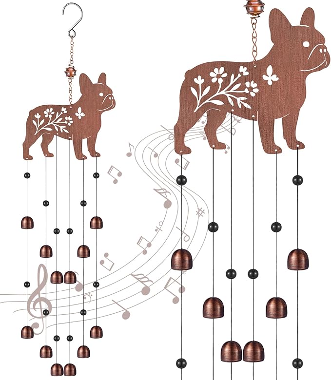 24 Inch Metal Wind Chimes Decor for Outside Garden Birthday Gift for Women Men Bronze Windchimes Pet Memorial Gift with 12 Bell for Patio Yard Lawn Housewarming Front Yard(French Bulldog)