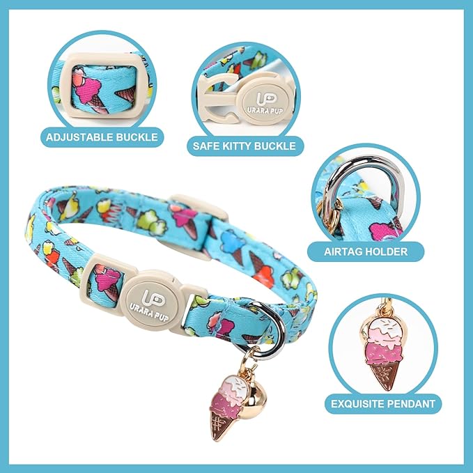 Cat Collar, 2Pack Summer Kitten Collars-Breakaway Kitty Collars-Cute Dinosaur and Icecream Pendants,Cat Collar with Bell, for Girl & Boy Cats