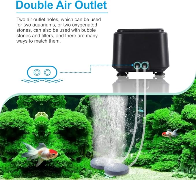 hygger Quiet <30dB Aquarium Air Pump, Adjustable Low Decibel Oxygen Fish Tank Pump 2 Air Outlets Ultra Silent Powerful Aerator Pump with Accessories Max 80GPH/160GPH/255GPH(5W, Up to 150Gallon)