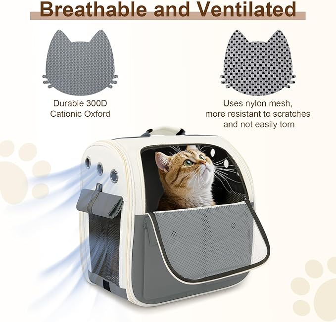 Airline Approved Cat Carrier Backpack - Ventilated Breathable Mesh for Small Dogs & Cats (15lbs), Soft Sided Dog Backpack for Hiking, Camping, Travel & Vet Visits with Padded Straps (Grey)