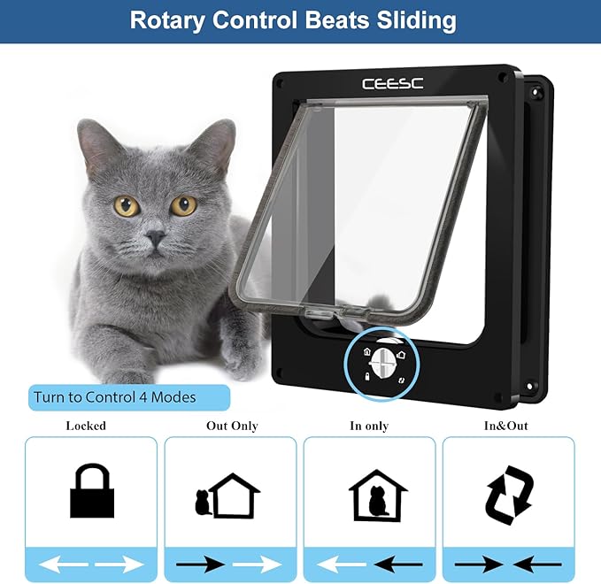 CEESC Large Cat Door for Interior/Exterior Door, Weatherproof, Black, Rotary 4 Way Locking Pet Door for Cats & Dogs with Circumference < 23.62", Upgraded Version