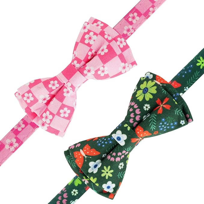 2 Pack Cotton Cat Collar with Bow Tie and Bell for Male Female Cats,Soft Fancy Breakaway Kitty Kitten Collar with Ghost& Pumpkin Patterned Design for Boy Girl Cats. (Butterfly&Flower)