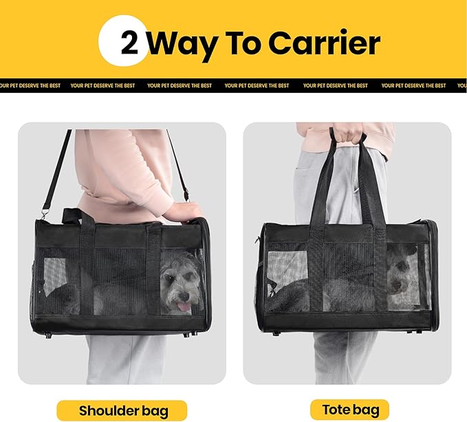 Dog Carrier Soft Sided, Large Cat Carrier with Inner Safety Leash, Pet Transport Carrier for Large Cats and Medium Dogs up to 20 Lbs, Collapsible Travel Puppy Carrier Bag -Black L