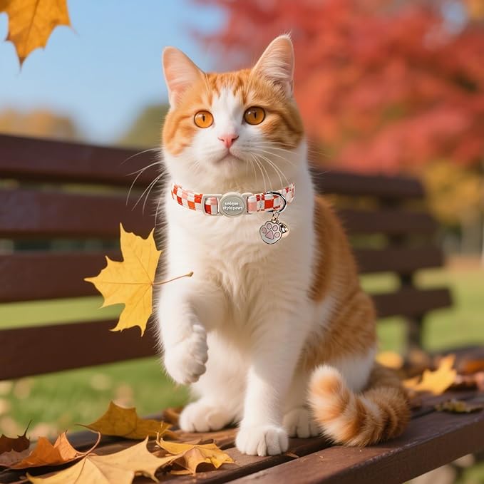 Unique Style Paws Orange Cat Collar,Cute Cat Collars with Checkboard Pattern,Orange Kitten Collar with Breakaway Buckle,Ideal Gift for Boy Girl Cats