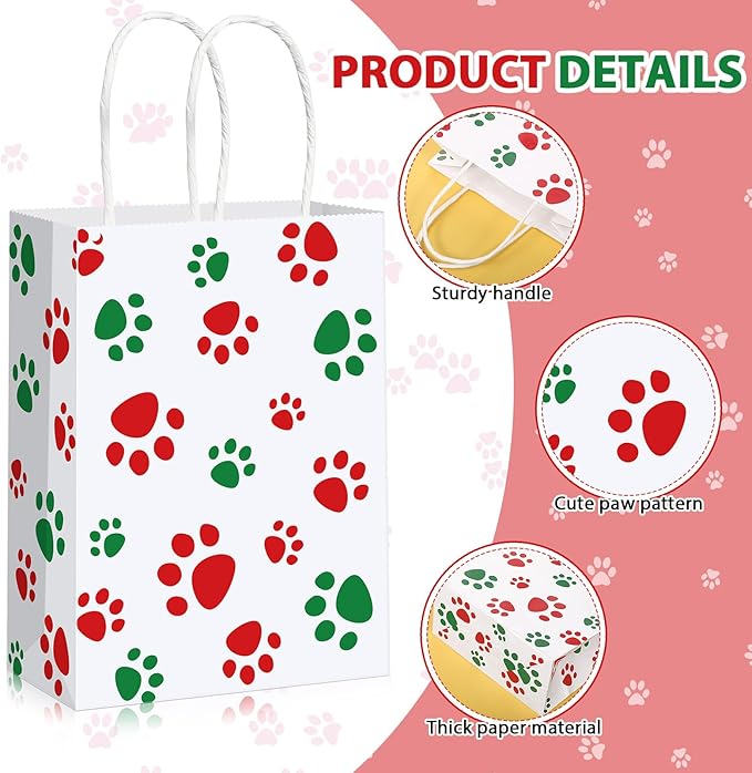 Blulu 20 Pcs Christmas Red Green Puppy Dog Paw Gift Bags with Paper Twist Handles, Dog Paper Gift Paw Treat Goodie Bags for Pet Treat Party Favor, 6.3 x 3.1 x 8.6 Inch