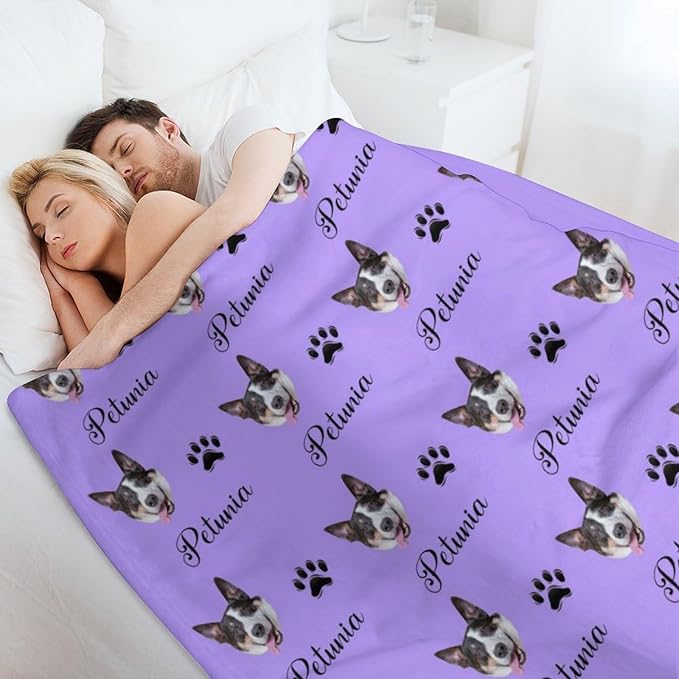 Personalized Paw Print Dog Blanket with Pet Name Face-Custom Puppy Blankets with Picture for Dogs-Customized Dog Memorial Throw Fleece Blanket-Loss of Pets Supplies Sympathy Gift for Bed Sofa Travel