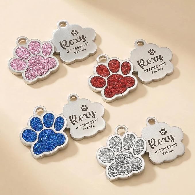 EDSG Cat Dog Tags Personalized for Pets, Dog Name Tags Cat Name ID Tag, Engraved Dog Tags Dog ID Tags Small Glitter Bling ID Tag Paw Print for Cat Pet Dog Puppy(Pink,Design 4)