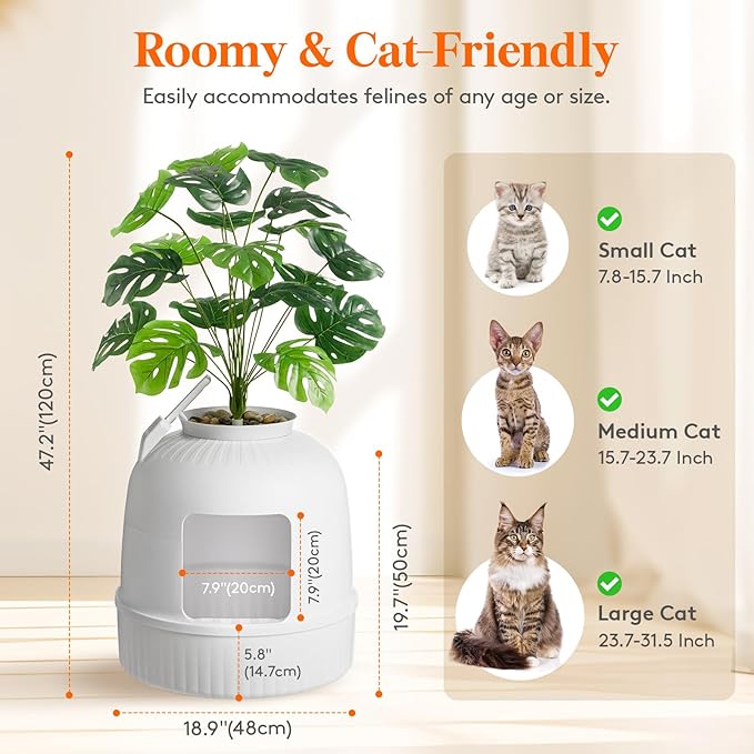 Lifewit Cat Litter Box, Hidden Enclosure Litter Tray with Odor Control & Carbon Filter in Living Room, Bedroom, Corner with Faux Plant& Plastic Scoop, 48 x 120 cm/19x47, White