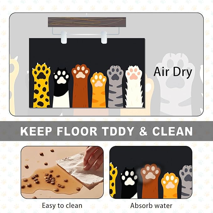 Cute Animal Paw Pet Food Mat Non Slip Spill Proof Feeding Pad for Cats Kittens Small Dogs Food and Water Bowl Mat Easy Clean Fast Dry Placemat for Pet Feeding Area Kitchen Decor 20" x 12"