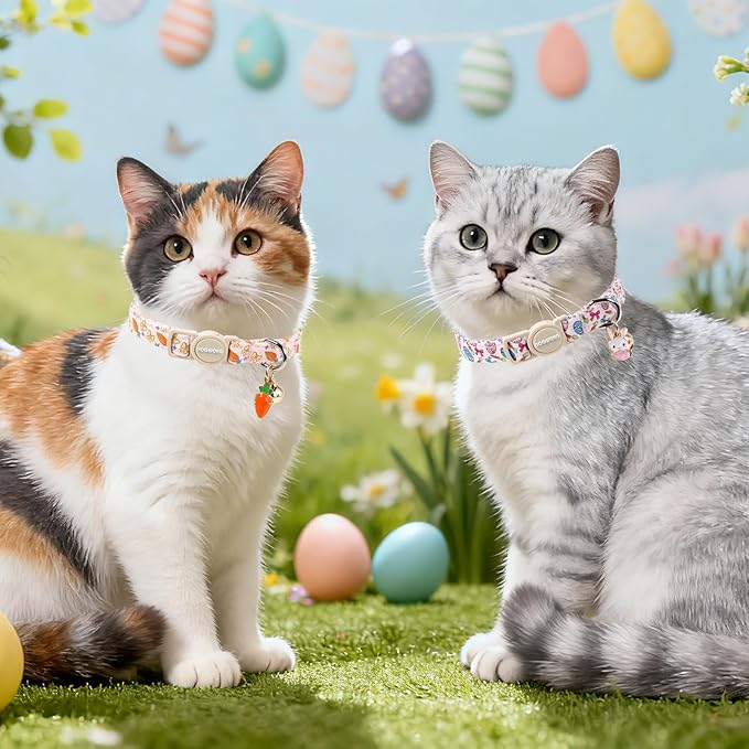2 Pack Easter Cat Collars,DOGWONG Cute Breakaway Kitty Collars,Blue Bunny Pink Carrot Cat Collar with Bell, Easter Kitten Collars for Girl & Boy Cats