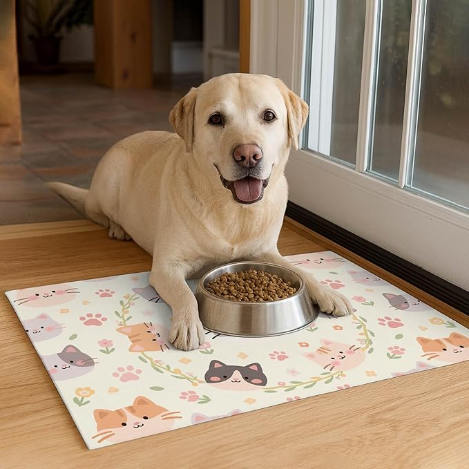 Cat Feedings Mats 20x12 inch Beige Cat Print Pet Bowl Placemat Non Slip Mat for Cats Food and Water Indoor Kitty Feeding Station Cute Cats Meal Mat for Small Pets Kitchen Floor Use