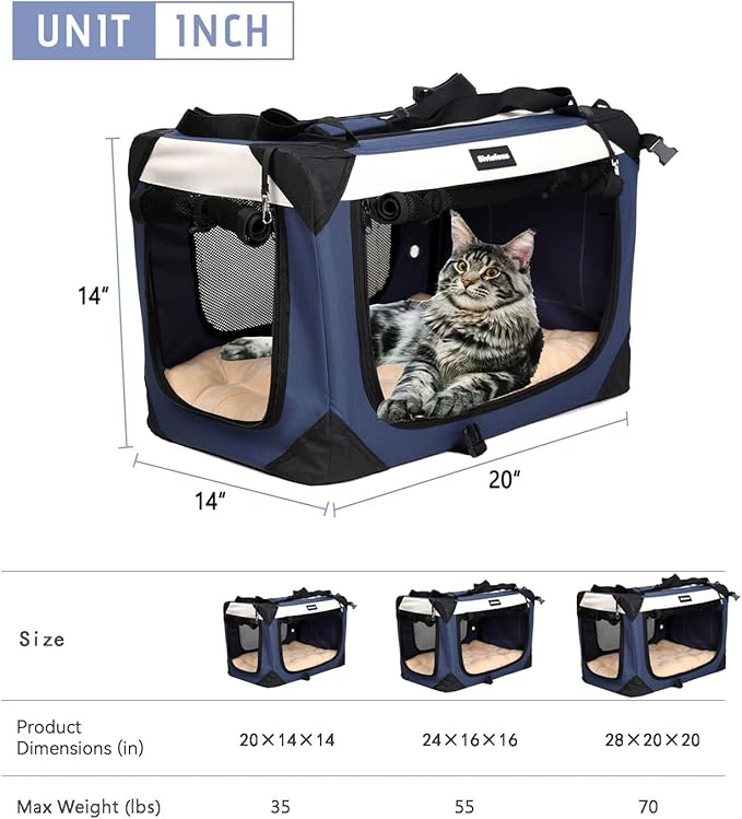Large Cat Carrier, Collapsible Dog Travel Crate Portable Soft-Sided Pet Carrier with Super Soft Warm Plush Mat for Indoor and Outdoor 20x14x14in,Navy Blue
