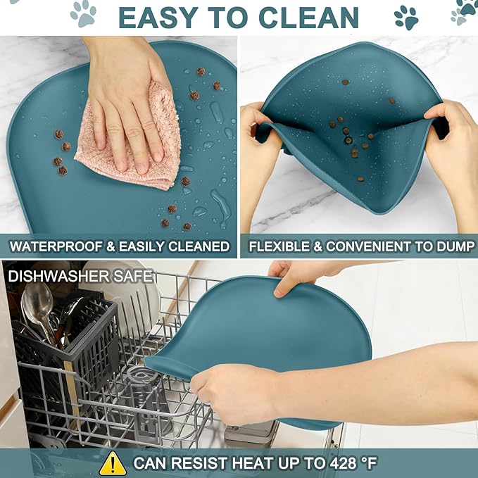 Small Silicone Pet Food Mat with Raised Edge for Food and Water Bowl, Square Dog Feeding Mats, Cat Food Trays for Floor Waterproof, Rubber Tray for Dogs and Cats, 12 x 12 x 0.7 Slate Blue