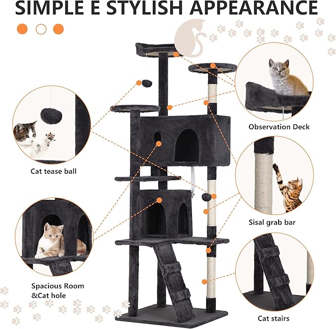 70 Inch Dark Gray Cat Tree, Tall Cat Tower with 2 Condos, 3 Scratching Posts, Multi-Level Platforms - Sturdy Climbing Structure Tall Cat Tower for Indoor Cats