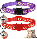 Baeuppit 2PCS Breakaway Cat Collars with Bell Cute Kitty Glow in The Dark Adjustable Kitten Collars(Red&Purple)