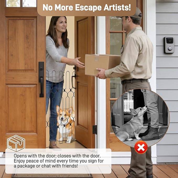 Retractable Dog Gate for Front Door 26" Wide 30.7" Tall Automatic Retractable Dog Barrier to Keep Pets Secure When Door Opens/Closes, Hardware Mount Front Door Barrier for Small/Large Dogs, Indoor