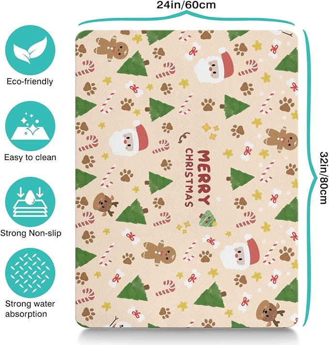 Christmas Dog Food & Water Mat, Paw Prints Santa Claus Snowman Xmas Pet Feeding Mat for Floor Non-Slip Waterproof, Super Absorbent Cat Bowl Mat, Easy to Clean Pet Placemat,24" × 32"