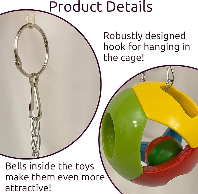 SIMENA Parrot Ball Toy with Bell, Cage Hanging Accessories for Medium to Large Birds, Interactive Toys for Birds, Cat Ball Toy (Geometric, Set of 1)