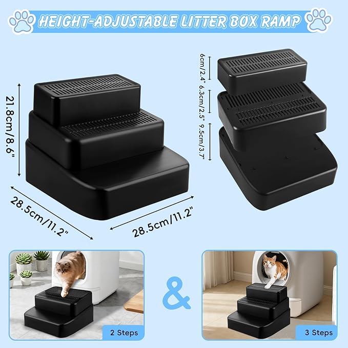 Adjustable 3 Steps Litter Box Ramp, Litter Box Step with Filter Function, Easy to Clean Cat Litter Stair Catcher for Older Cats and Small Cats (Black)