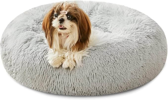 WESTERN HOME WH Calming Dog & Cat Bed, Round Soft Anti-Anxiety Donut Cuddler Warming Cozy Fluffy Faux Fur Plush Cushion Bed for Small Medium Dogs and Cats (20"/24"/27"/30"), Smoke Grey
