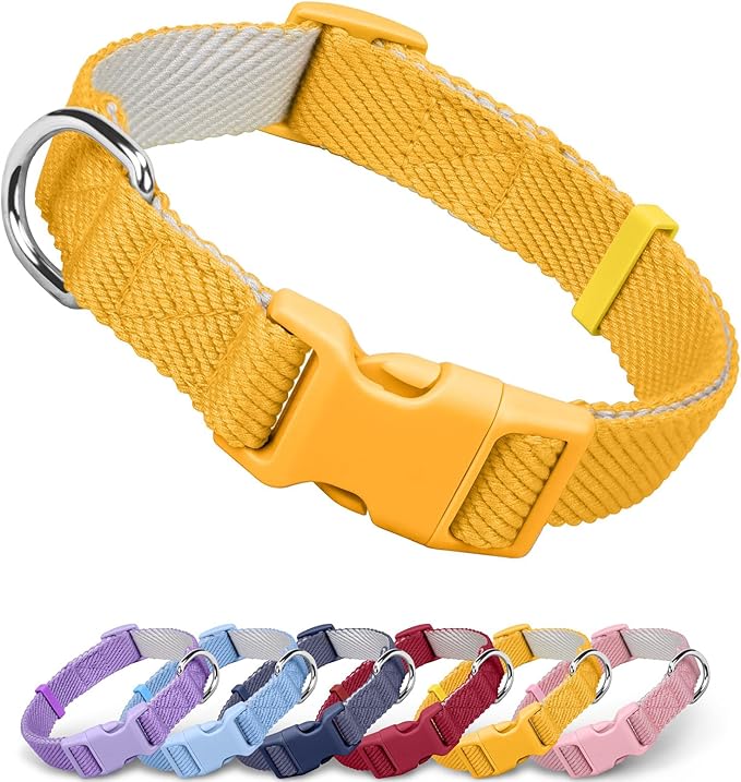 Dynmeow Soft and Breathable Cotton Dog Collar, Durable Adjustable Pet Collar with Quick-Release Buckle, Lightweight for Sensitive Skin for Puppies and Extra-Small Dogs, Yellow, Xs