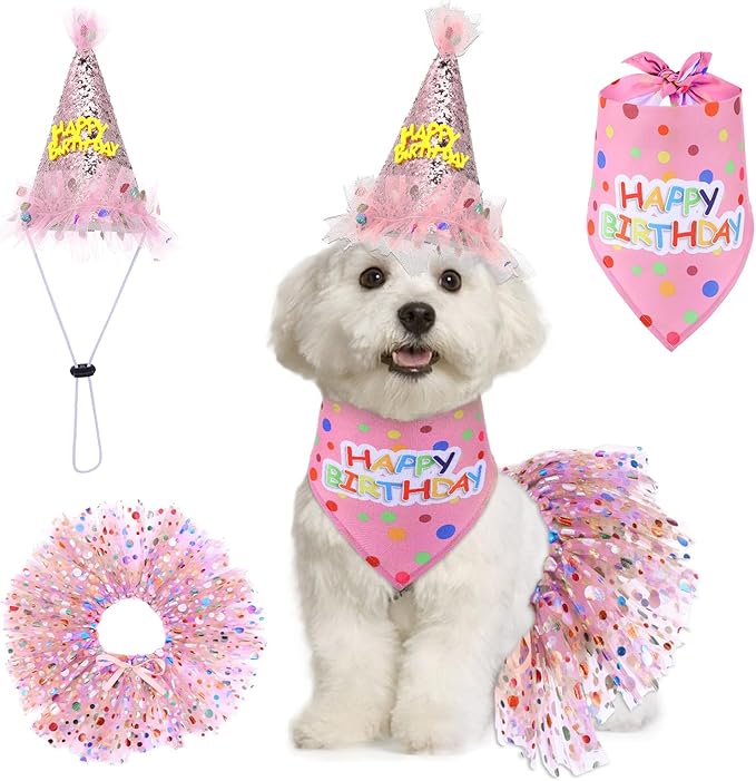 Dog Birthday Bandana with Hat and Dress Girl Set Puppy Birthday Party Supplies Cute Tutu Skirt Outfit for Small Medium Large Dogs Decorations