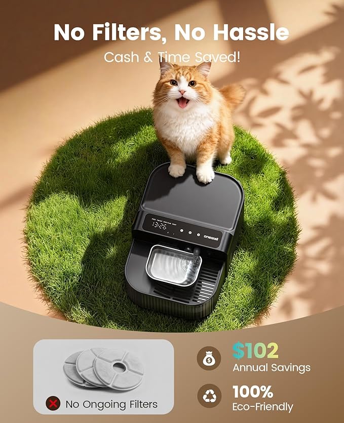 oneisall Wireless Filterless Cat Water Fountain, Separate Clean and Dirty Water Pet Fountain with Stainless Steel Bowl, 3.5L/118oz Quiet No Filter Smart Automatic Cat Water Dispenser Indoor, Black