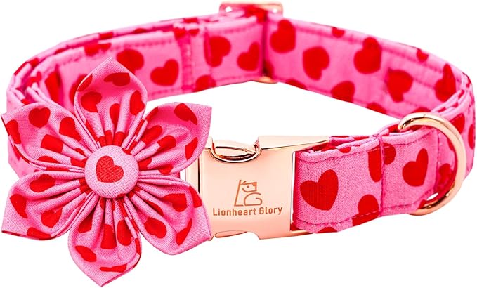 Lionheart glory Valentine's Day Dog Collar with Flower Dog Collar for Small Dogs, Soft Adjustable Hearts Dogs Collars Spring Pet Collars Flower Puppy