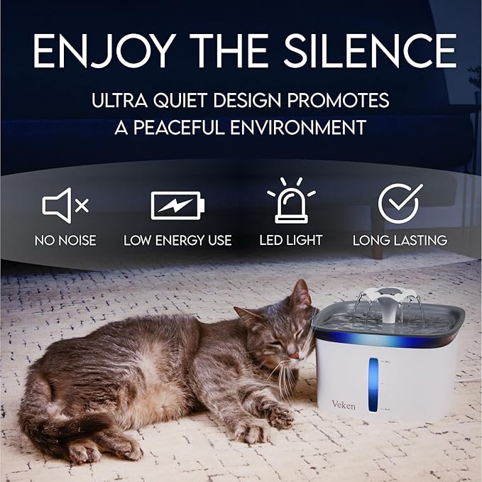 Veken Innovation Award Winner 95oz/2.8L Pet Fountain, Automatic Cat Water Fountain Dog Water Dispenser with 6 Replacement Filters & Silicone Mat for Cats, Dogs (Grey, Plastic)