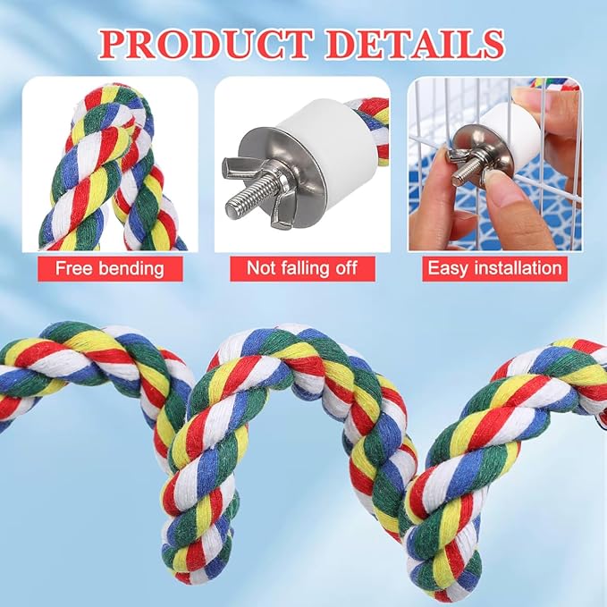 Bird Rope Perch 24 Inch, Colorful Cotton Parrot Bungee Swing, Bendable Cage Climbing Toy & Stand Accessories for Parakeets, Cockatiels, Conures, Lovebirds