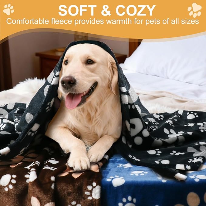 Premium Dog Blankets for Large Dogs & Cat Flannel Blanket Washable, Soft Pet Throw Cover for Kennel Crate Bed, Cute Paw Pattern, 41x31 inch,Blue/Black/Brow