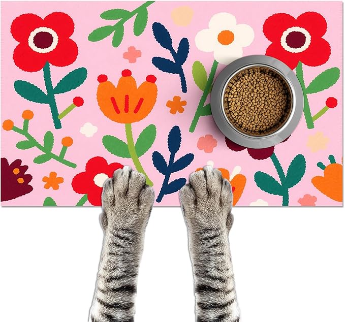 Pet Feedings Mats 20x12 inch Floral Print Pet Bowl Placemat Non Slip Mat for Cat and Dog Food and Water Indoor Pet Feeding Station Colorful Meal Mat for Small Pets Kitchen Floor Use