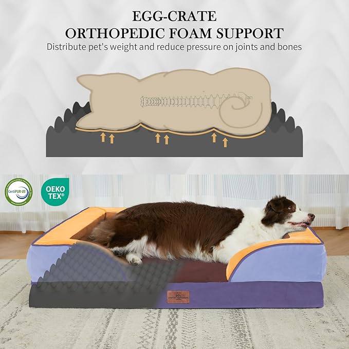 Comfort Expression Orthopedic Dog Bed for Extra Large Dogs 42x30 Inch, Waterproof Egg Crate Foam XL Pet Bed with Removable Bolsters, Dog Couch with Washable Cover & Non-Slip Bottom, Honey Lavender