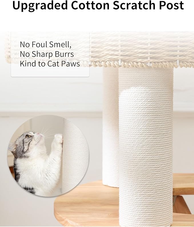 Wood Cat Tree for Large Cats, Modern Cat Tree Tower with Wide Shelves Cotton Scratching Posts, Super Sturdy Base, Cozy Perches, and Interactive Toys for Indoor Kittens