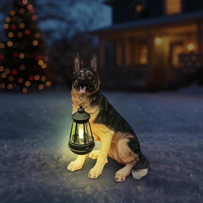 German Shepherd Statue Outdoor Decorations – Dog Statues Outdoor Sitting German Shepherd with Replaceable Solar Light & Welcome Sign for Porch Décor