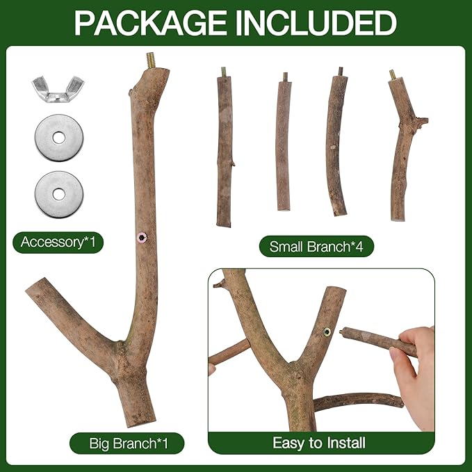 Bird Perch Stand, Natural Vitex Negundo Wood Parrot Perch Bird Cage Branch Perch, Accessories for Parakeets, Cockatiels, Conures, Macaws, Finches, Lovebirds (12" Length)