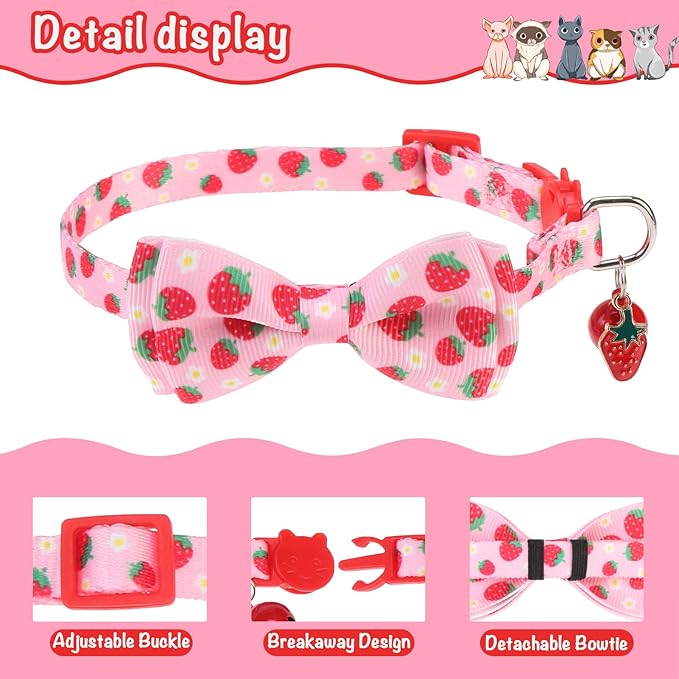 Breakaway Cat Collar with Removable Bow Tie and Bell, Cute Multi-Style Patterns, 3 Pack Safety Buckle Kitten Collars, Adjustable Pet Collar for Cats Puppy (Style B - Fruit)